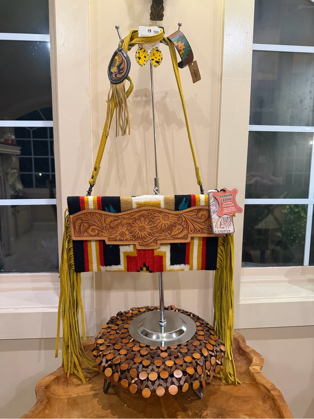 AMERICAN DARLING Tooled Leather Fringe Western BOHO Saddle Blanket Crossbody Bag